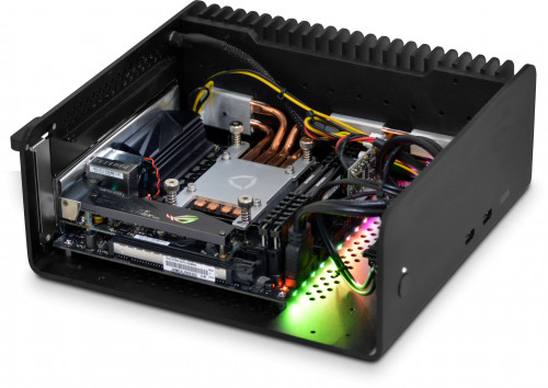 Photo showing internal component layout - internal tray has been removed to give a better view. Motherboard RGB lights can be turned off.)